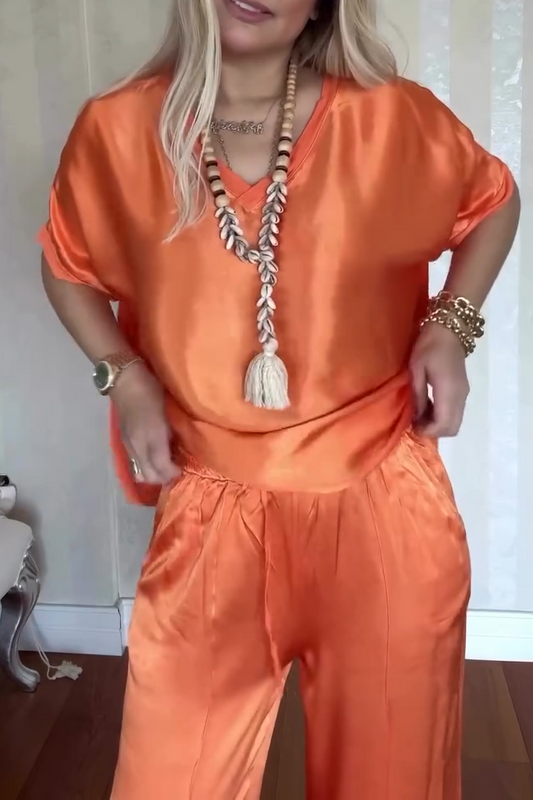Women's Casual Comfortable V-neck Satin Short-sleeved Two-piece Suit